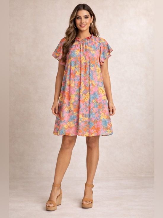 Dresses & Skirts - Umgee Floral Boho Shift Dress Size Large Pink Ruffle Neck Flowy Boutique